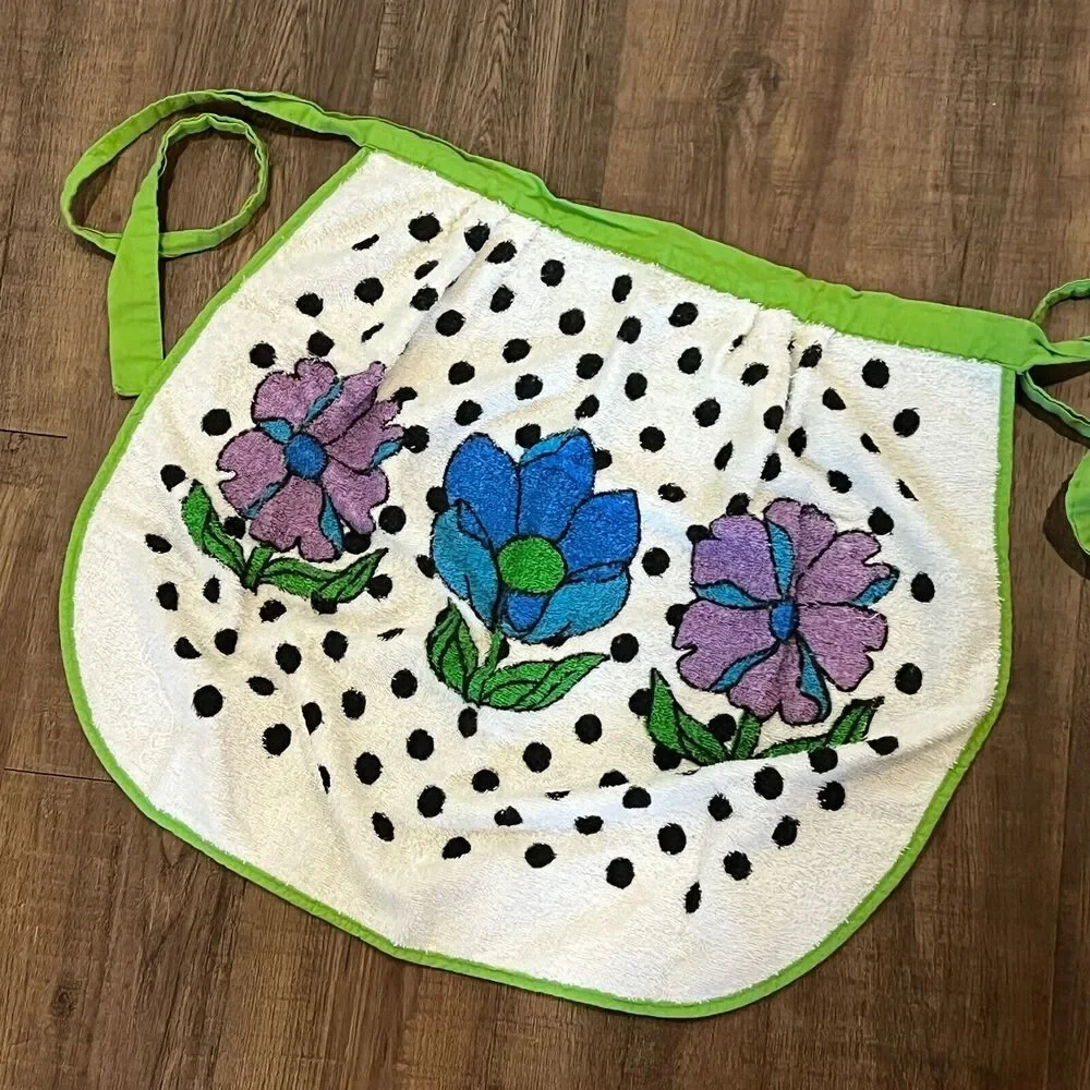 Mod 1970s Floral Terry Cloth Apron Flower Power Polka Dot Fieldcrest Gourmates